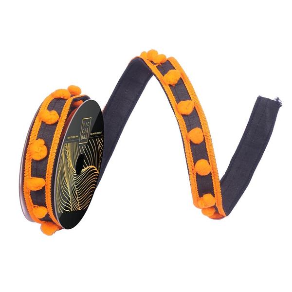 1" x 10yd Black Dupion Orange Pom Pom/Trim Christmas Ribbon
