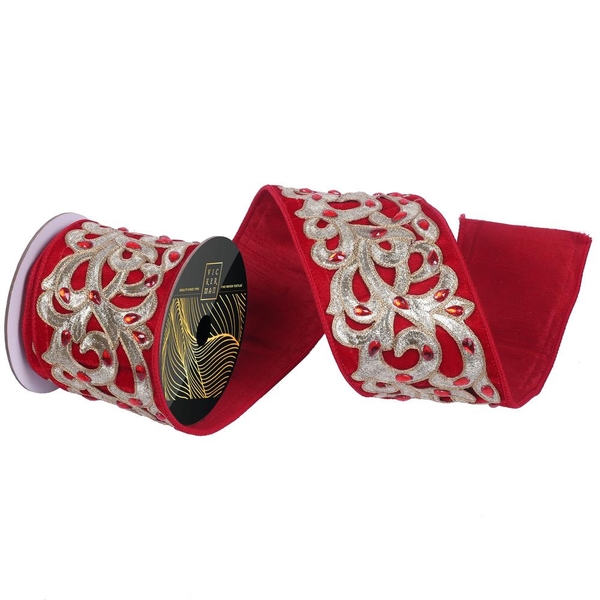 4"x5yd Red Velvet Jewel Champagne Scroll Christmas Ribbon