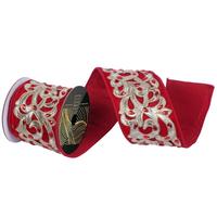 Vickerman 4"x5yd Red Velvet Jewel Champagne Scroll Christmas Ribbon