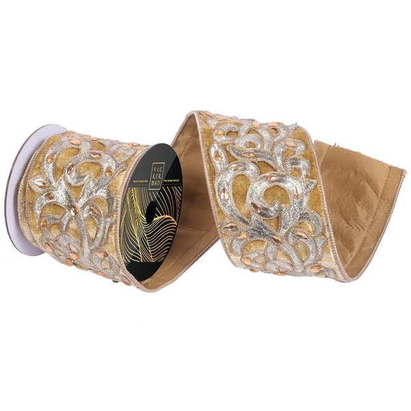 4"x5yd Gold Velvet Jewel Champagne Scroll Christmas Ribbon