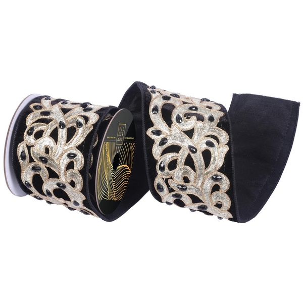 4"x5yd Black Velvet Jewel Champagne Scroll Christmas Ribbon