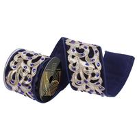 Vickerman 4"x5yd Midnight Blue Velvet Jewel Champagne Scroll Christmas Ribbon