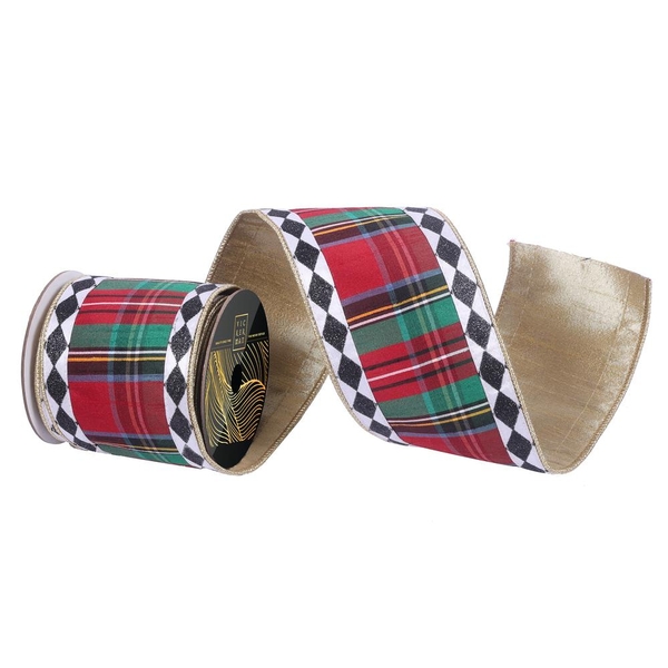 4"x10yd Multicolor Tartan White Diamond Trim Plaid Ribbon