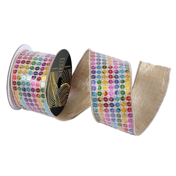 3.25" x 10Yd Multicolor Sequin Rainbow with Gold Trim Ribbon