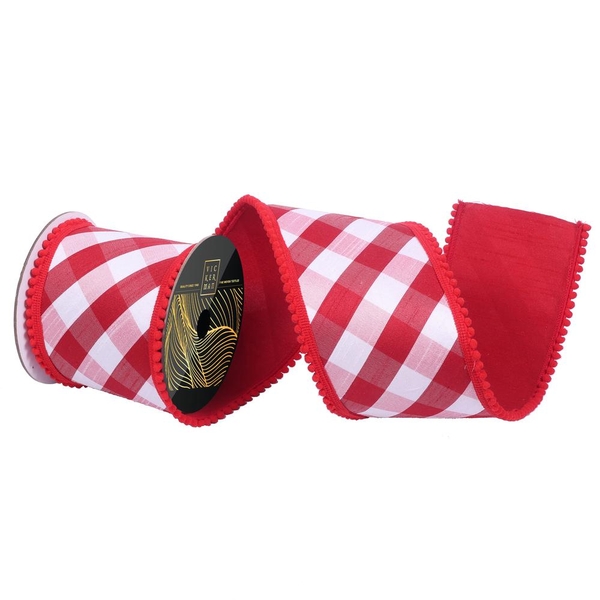 4" x 10Yd Red / Pink Buffalo Plaid Red PomPom Christmas Ribbon