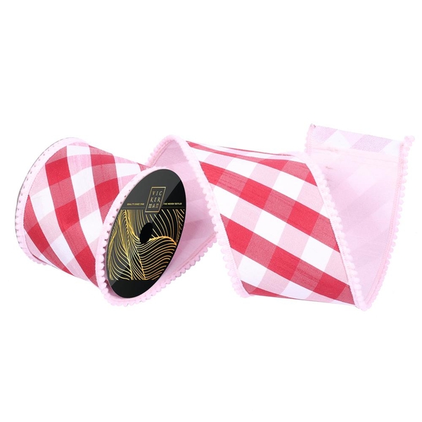4" x 10Yd Pink / Red Buffalo Plaid Pink PomPom Christmas Ribbon