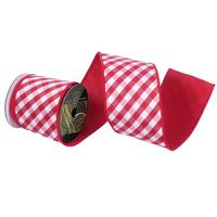 View 4" x 10Yd Red / White Diagonal Buffalo Plaid Red Dupion Back Christmas Ribbon