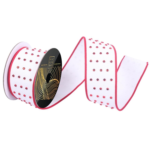 2.5" x 10yd White Dupion Red Candy Button Vickerman Christmas Ribbon