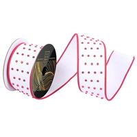 Vickerman 2.5" x 10yd White Dupion Red Candy Button Vickerman Christmas Ribbon