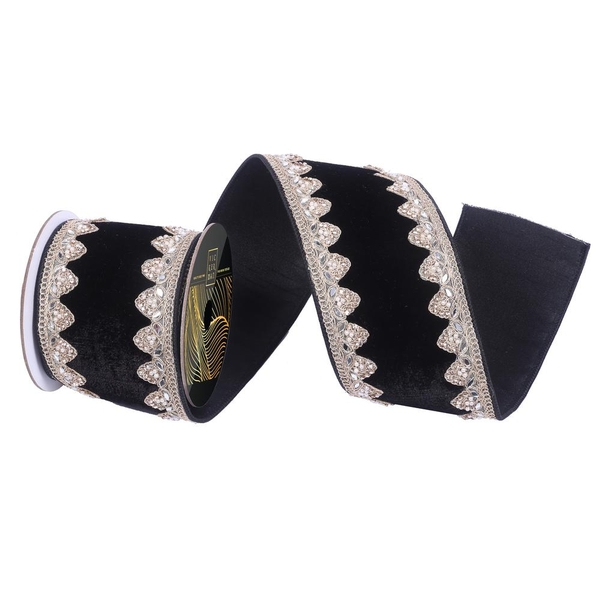 4"x5yd Black Velvet Jewel Champagne Pearl Trim Christmas Ribbon