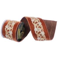 Vickerman 4"x5yd Mocha Velvet Jewel Champagne Pearl Trim Christmas Ribbon