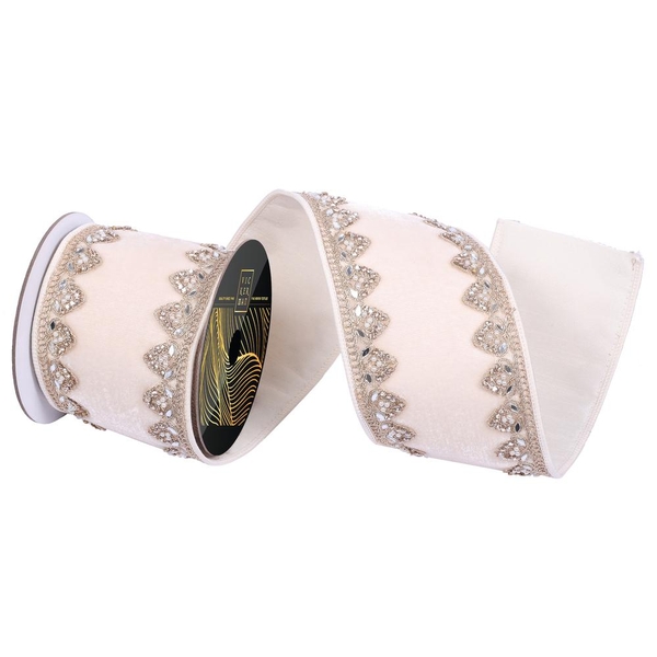 4"x5yd Ivory Velvet Jewel Champagne Pearl Trim Christmas Ribbon