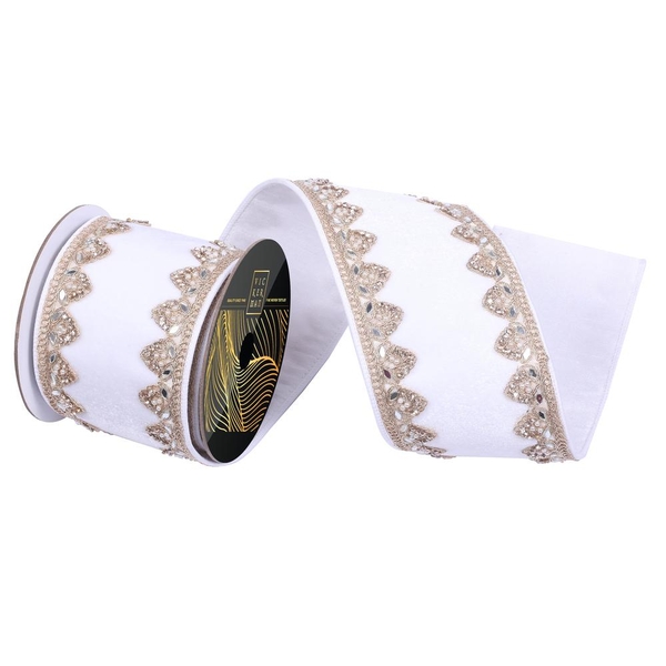 4"x5yd White Velvet Jewel Champagne Pearl Trim Christmas Ribbon