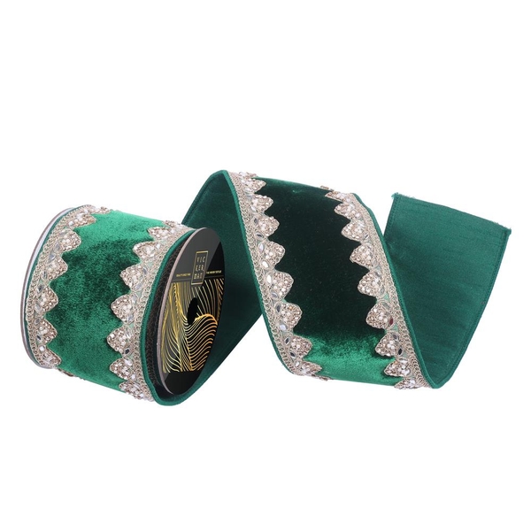 4"x5yd Emerald Velvet Jewel Champagne Pearl Trim Christmas Ribbon 4"x5yd Emerald Velvet Jewel Champagne Pearl Trim Christmas Ribbon