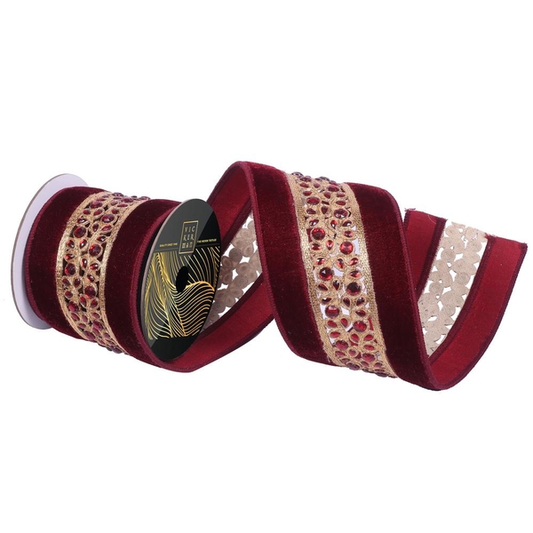 4"x5yd Burgundy Velvet Champagne Jewel DieCut Christmas Ribbon
