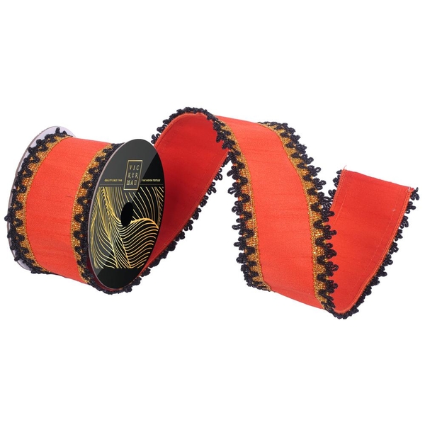 3" x 10Yd Orange Dupion Gold / Black Trim Christmas Ribbon