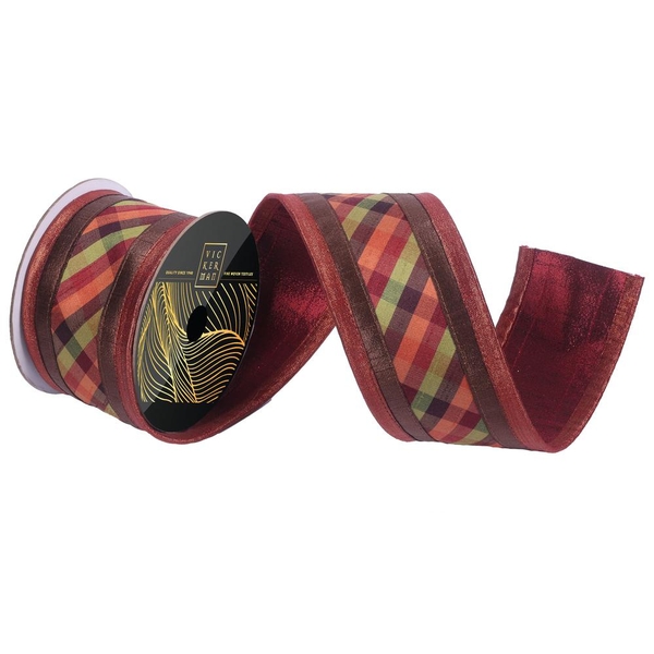 3" x 10Yd Copper/ Brown / Yellow / Green Plaid Line Christmas Ribbon