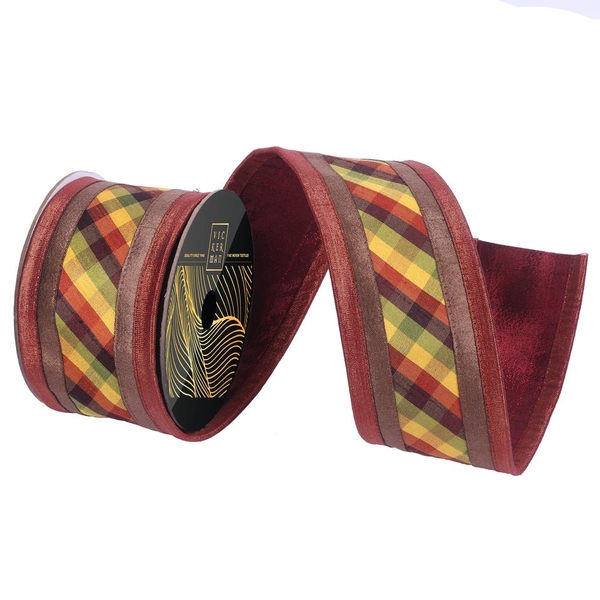 3" x 10Yd Copper / Brown / Burgundy / Green Dupion Plaid Line Christmas Ribbon