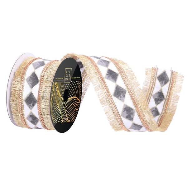 2.5" x 10Yd Gold Fringe Black / White Checker Trim Christmas Ribbon