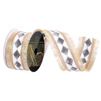 Vickerman 2.5" x 10Yd Gold Fringe Black / White Checker Trim Christmas Ribbon