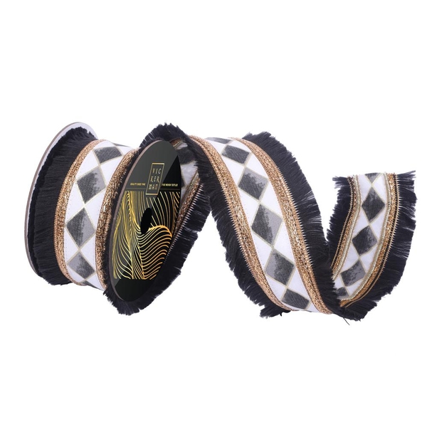 2.5" x 10Yd Black Fringe Black / White Checker Trim Christmas Ribbon