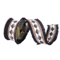 Vickerman 2.5" x 10Yd Black Fringe Black / White Checker Trim Christmas Ribbon