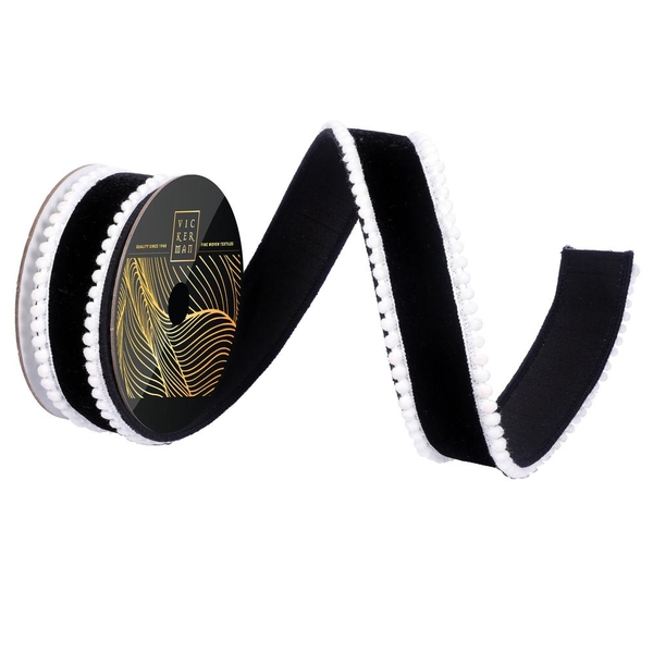 1.5" x 10Yd Black Velvet White Pom Pom Dupion Christmas Ribbon