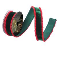 Vickerman 1.5" x 10Yd Emerald Velvet Red Pom Pom Dupion Christmas Ribbon
