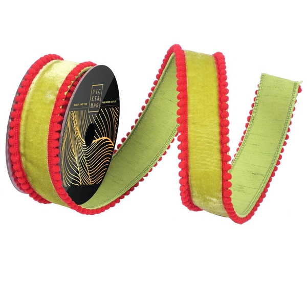 1.5" x 10Yd Lime Velvet Red Pom Pom Dupion Christmas Ribbon