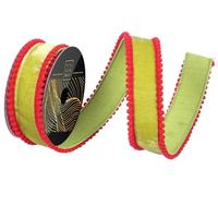 Vickerman 1.5" x 10Yd Lime Velvet Red Pom Pom Dupion Christmas Ribbon