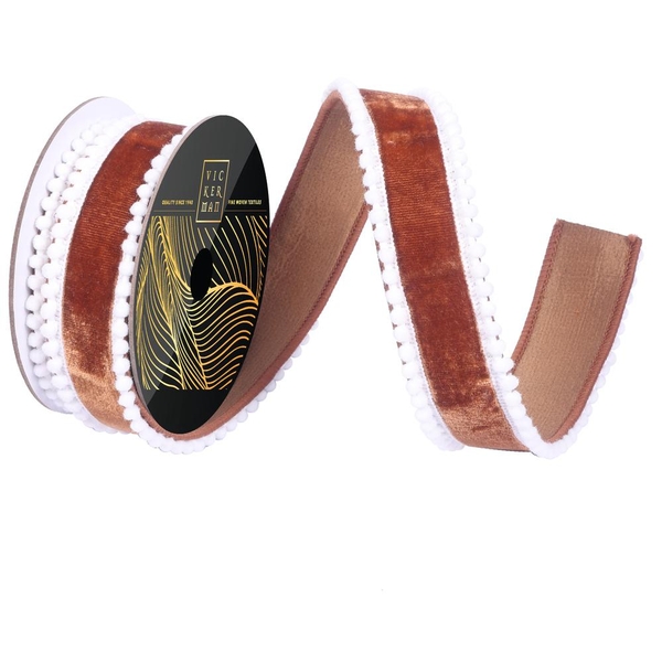 1.5" x 10Yd Mocha Velvet White Pom Pom Dupion Christmas Ribbon