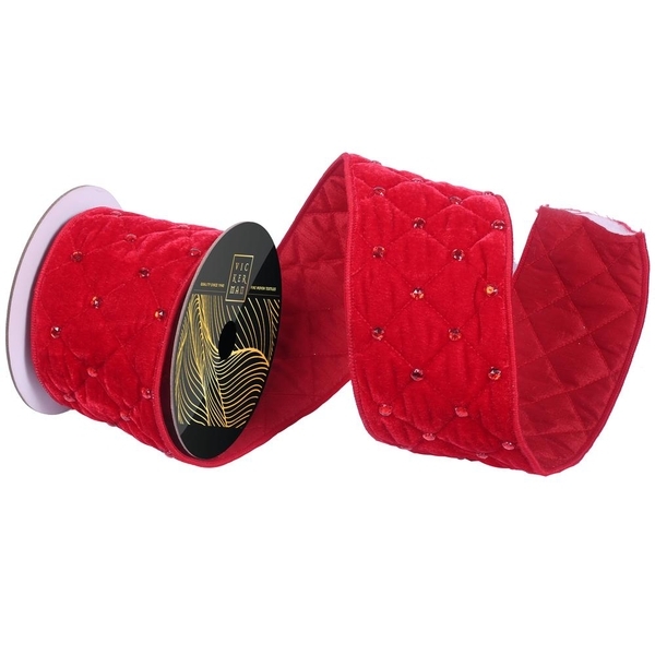 4" x 5yd Red Velvet Quilted Jewel Christmas Ribbon