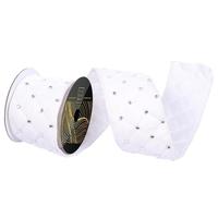 Vickerman 4" x 5yd White Velvet Quilted Silver Jewel Christmas Ribbon