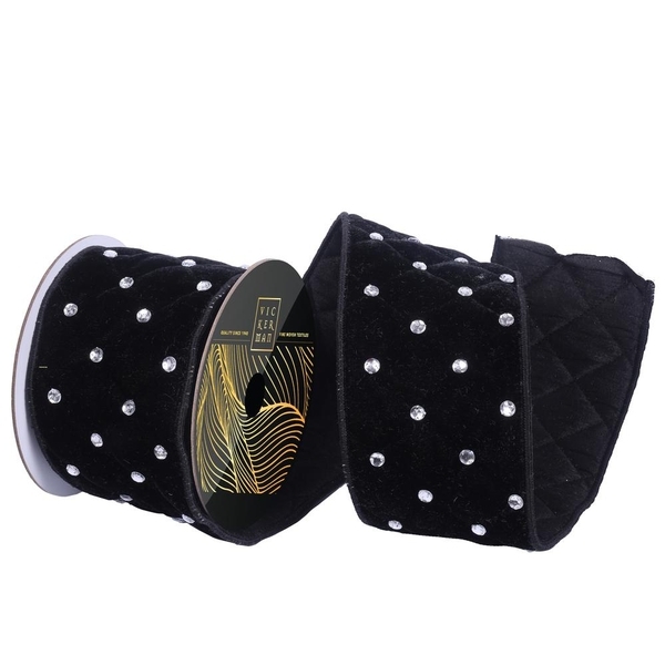 4" x 5yd Black Velvet Quilted Silver Jewel Christmas Ribbon