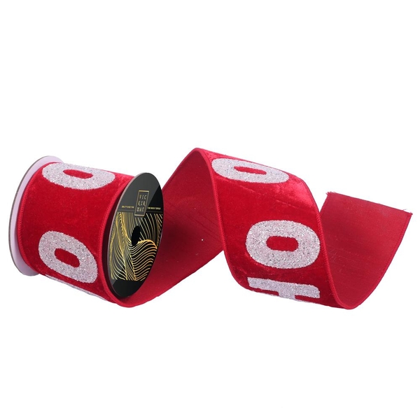 4" x 5yd Red Velvet White Glitter Dupion Backing HOHOHO Christmas Ribbon