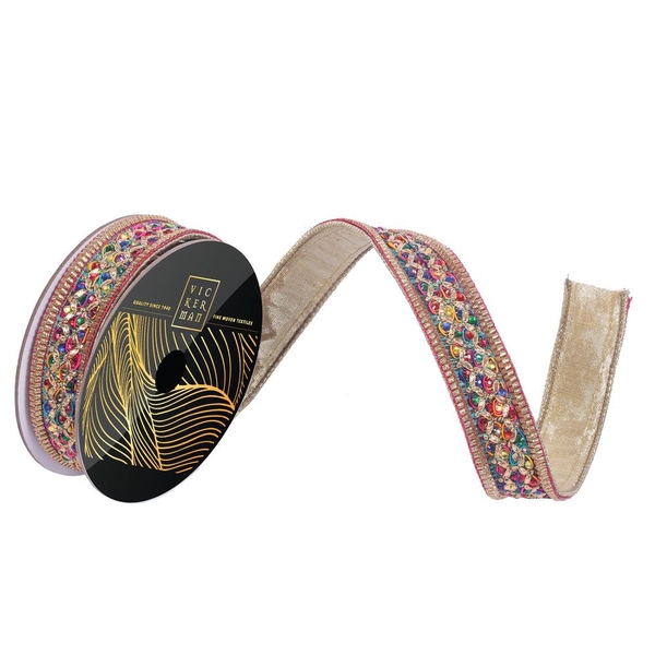 1" x 10yd Multicolor Jewel Gold Trim Christmas Ribbon