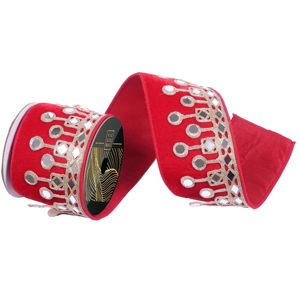 4" x 5yd Red With Gold Trimmed Mirrors