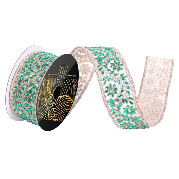 2" x 5yd Green Flower Jewel Gold Mesh Trim Christmas Ribbon