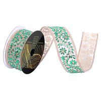 Vickerman 2" x 5yd Green Flower Jewel Gold Mesh Trim Christmas Ribbon