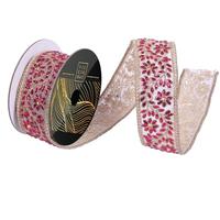 Vickerman 2" x 5yd Fuchsia Flower Jewel Gold Mesh Trim Christmas Ribbon