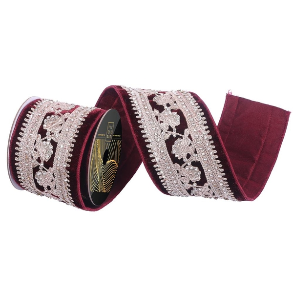 4"x5yd Burgundy Velvet Jewel Champagne Center Christmas Ribbon