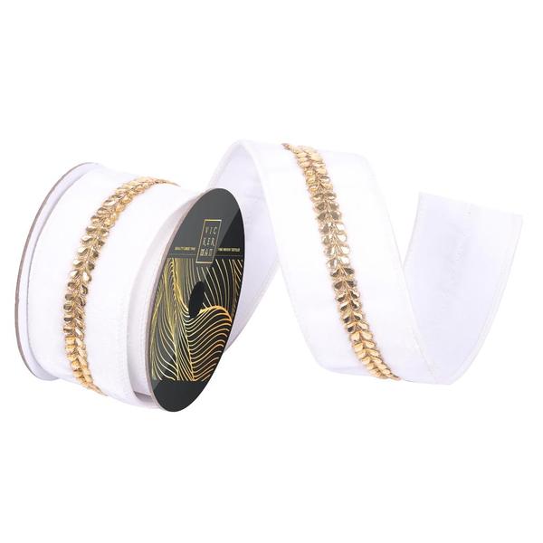 2.5" x 5yd White Velvet Gold Drop Jewel Christmas Ribbon