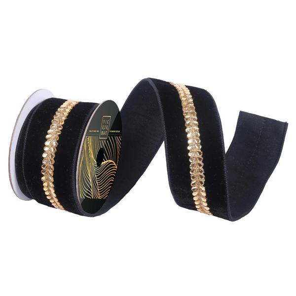 2.5" x 5yd Black Velvet Gold Drop Jewel Christmas Ribbon