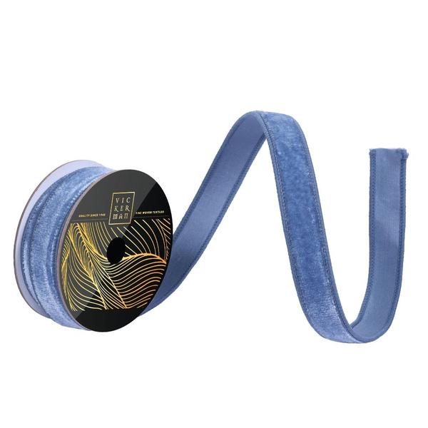 1" x 10yd Denim Blue Velvet Dupion Backing Christmas Ribbon