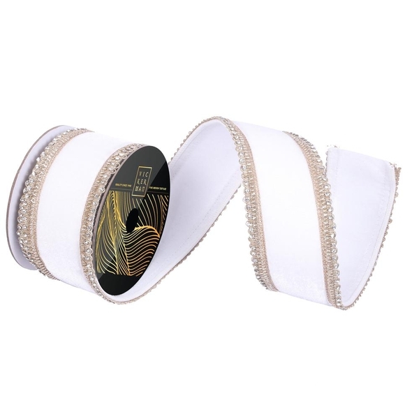 2.5" x 10yd White Velvet Jewel Scallop  Wired Ribbon