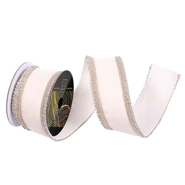 2.5" x 10yd Champagne Velvet Jewel Scallop  Wired Ribbon