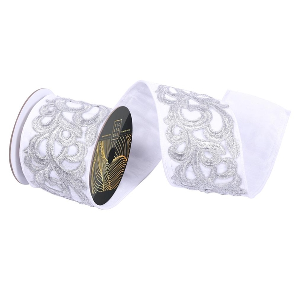 4" x 5Yd White Velvet Silver Scroll Applique Christmas Ribbon