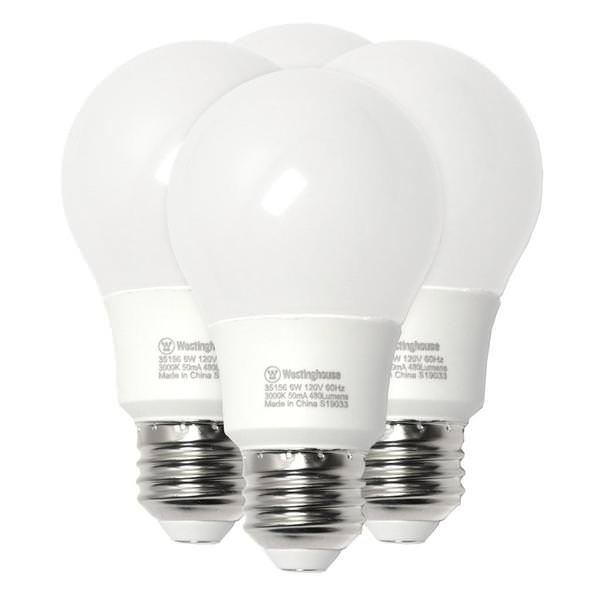6 watt 120 volt A19 Medium Screw Base 3000K Non-Dimmable LED (4 pack)