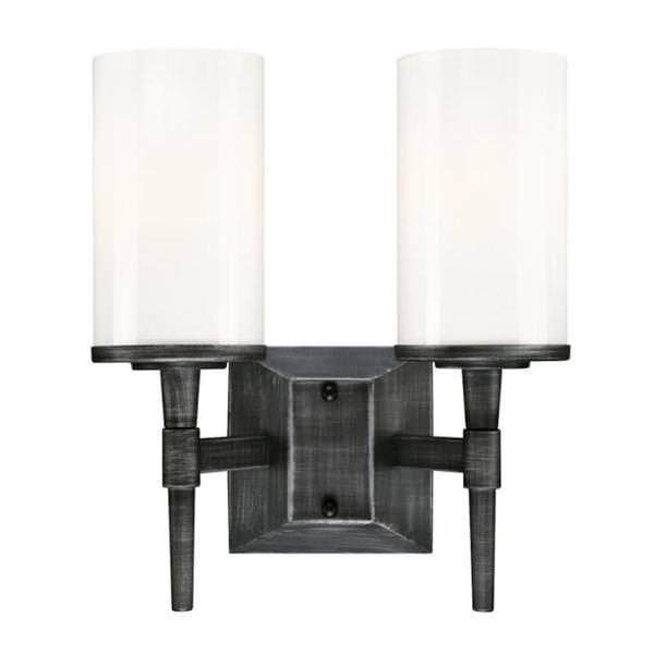 2 Light Distressed Aluminum White Opal Glass Shades Wall Light Fixture