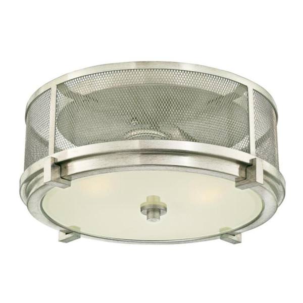 2 Light 13.5" Round Brushed Nickel Mesh and Frosted Glass Shade Ceiling Light Fixture
